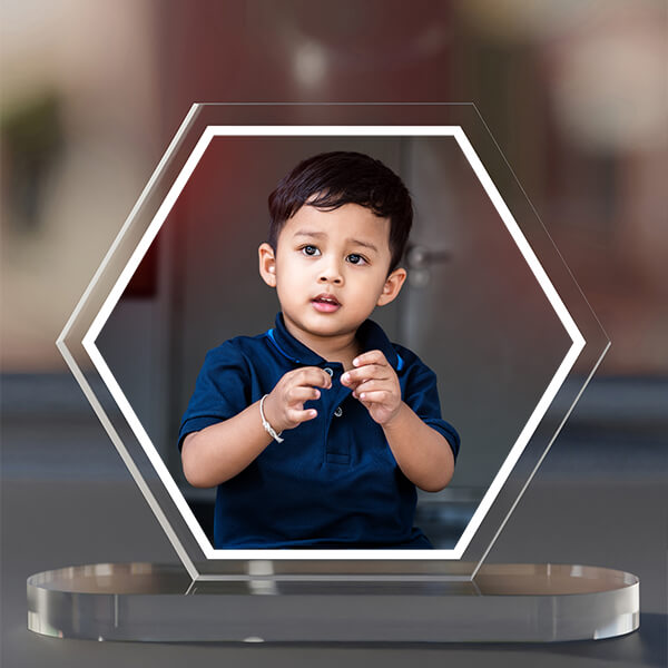 Custom Full Pic Upload Design: Hexagon Shaped Acrylic Dashboard Photo Stand with Single Sided Image Printing