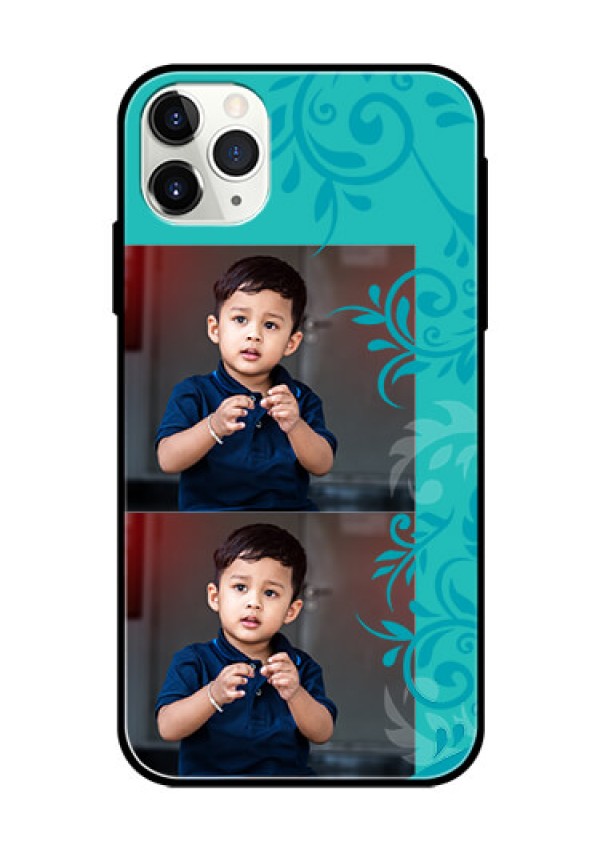 Apple iPhone 11 Pro Max Personalized Glass Phone Case  - with Photo and Green Floral Design 
