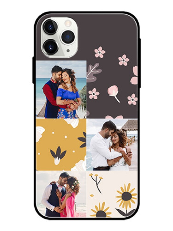 Custom Apple iPhone 11 Pro Max Photo Printing on Glass Case  - 3 Images with Floral Design