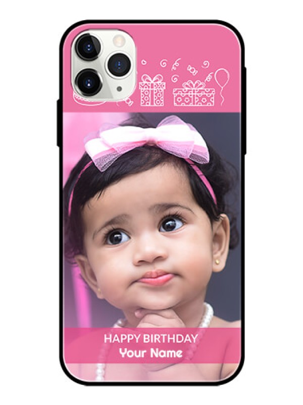 Custom Apple iPhone 11 Pro Max Photo Printing on Glass Case  - with Birthday Line Art Design