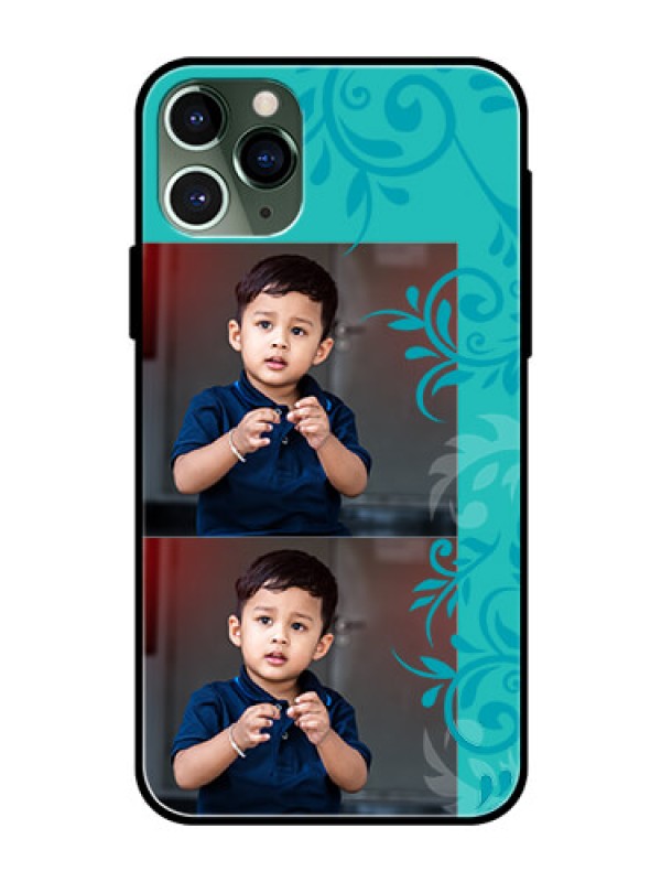 Custom Apple iPhone 11 Pro Personalized Glass Phone Case  - with Photo and Green Floral Design 