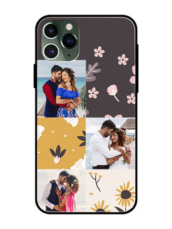 Custom Apple iPhone 11 Pro Photo Printing on Glass Case  - 3 Images with Floral Design