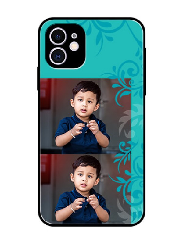 Custom Apple iPhone 11 Personalized Glass Phone Case  - with Photo and Green Floral Design 