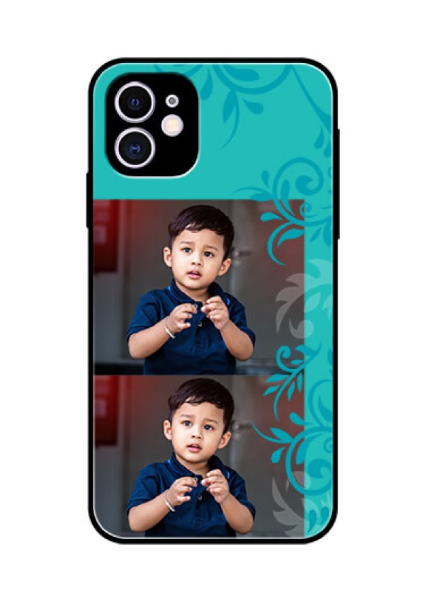 Apple iPhone 11 Personalized Glass Phone Case  - with Photo and Green Floral Design 