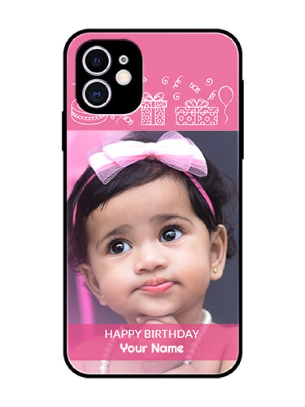 Custom Apple iPhone 11 Photo Printing on Glass Case  - with Birthday Line Art Design