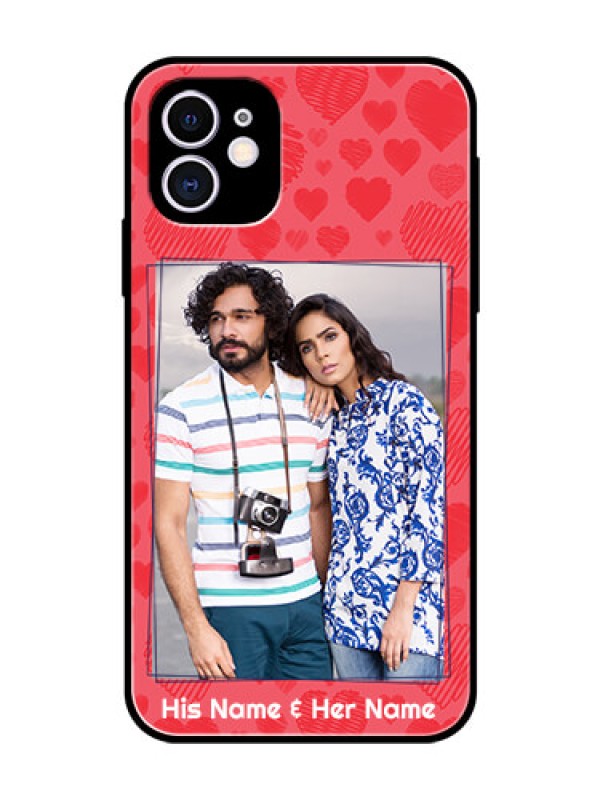 Custom Apple iPhone 11 Photo Printing on Glass Case  - with Red Heart Symbols Design