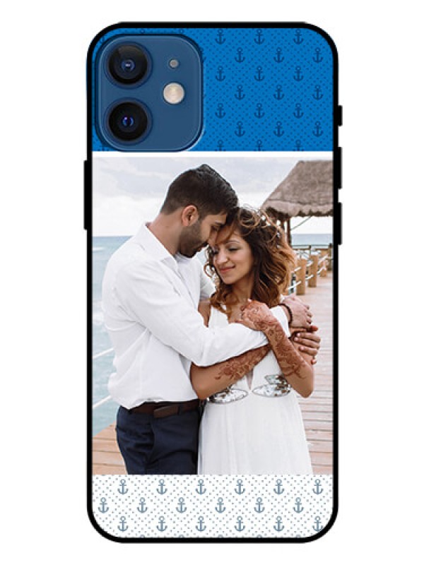 Custom Iphone 12 Mini Photo Printing on Glass Case  - Blue Anchors Design
