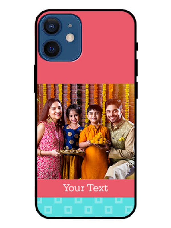 Custom Iphone 12 Mini Personalized Glass Phone Case  - Peach & Blue Color Design