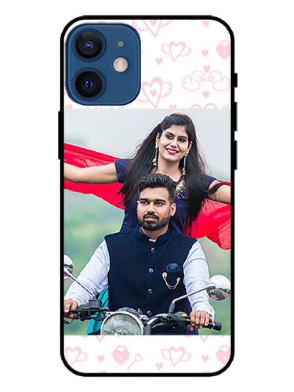 Custom Iphone 12 Mini Custom Glass Mobile Case  - Pink Flying Heart Design