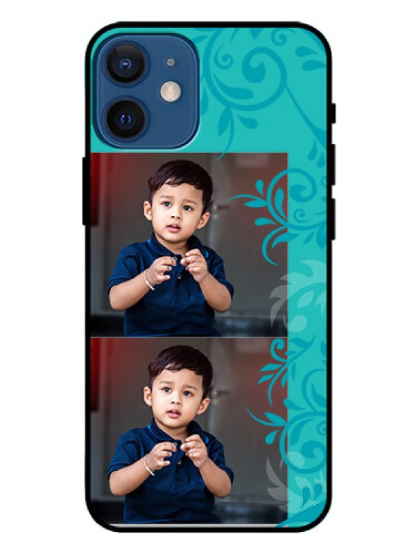 Custom Iphone 12 Mini Personalized Glass Phone Case  - with Photo and Green Floral Design 