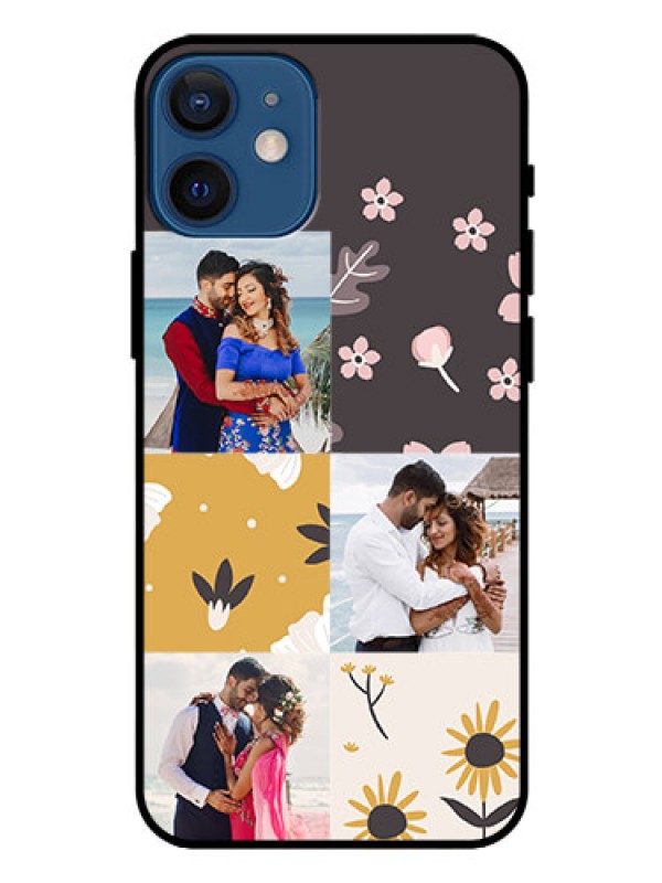 Custom Iphone 12 Mini Photo Printing on Glass Case  - 3 Images with Floral Design