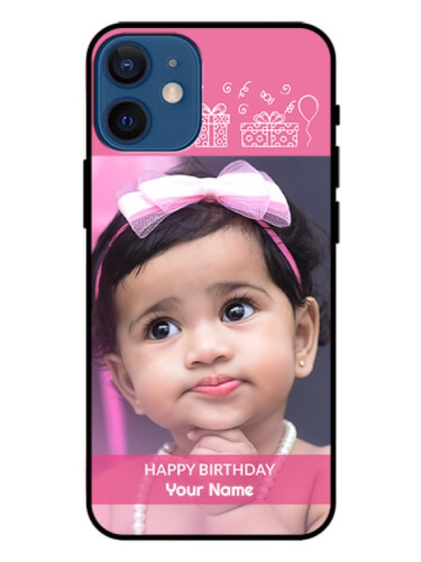 Custom Iphone 12 Mini Photo Printing on Glass Case  - with Birthday Line Art Design