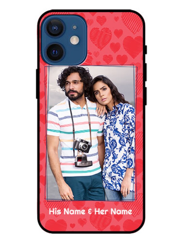 Custom Iphone 12 Mini Photo Printing on Glass Case  - with Red Heart Symbols Design