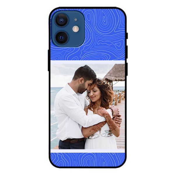 iPhone 12 Mini Custom Glass Mobile Case - Curved line art with blue and white Design iPhone 12 Mini Custom Glass Mobile Case - Curved line art with blue and white Design