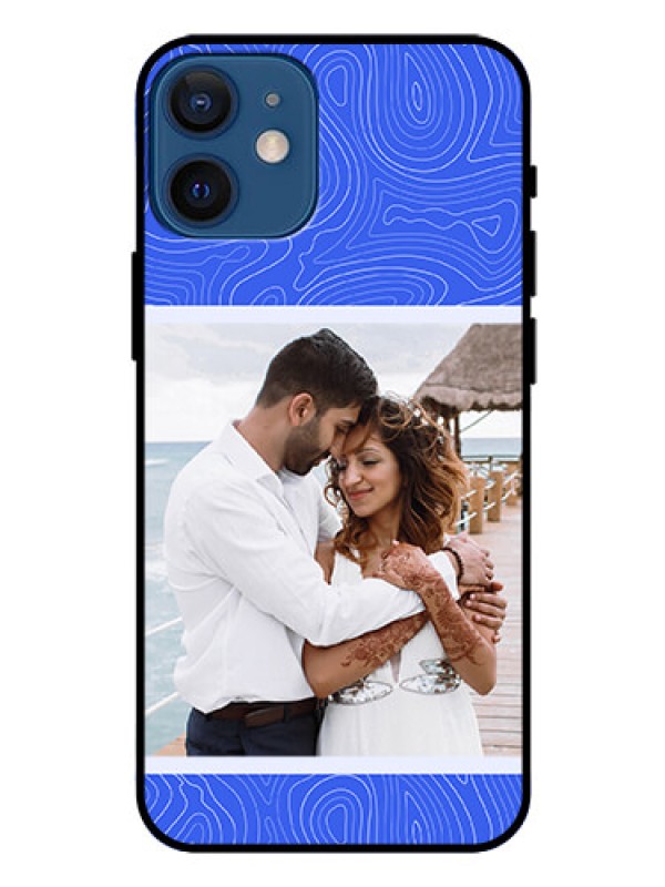 Custom iPhone 12 Mini Custom Glass Mobile Case - Curved line art with blue and white Design