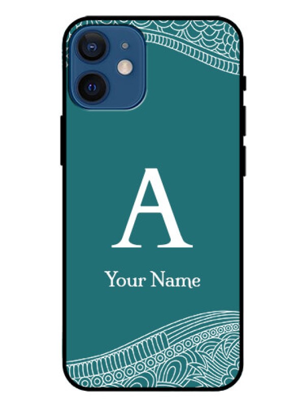 Custom iPhone 12 Mini Personalized Glass Phone Case - line art pattern with custom name Design