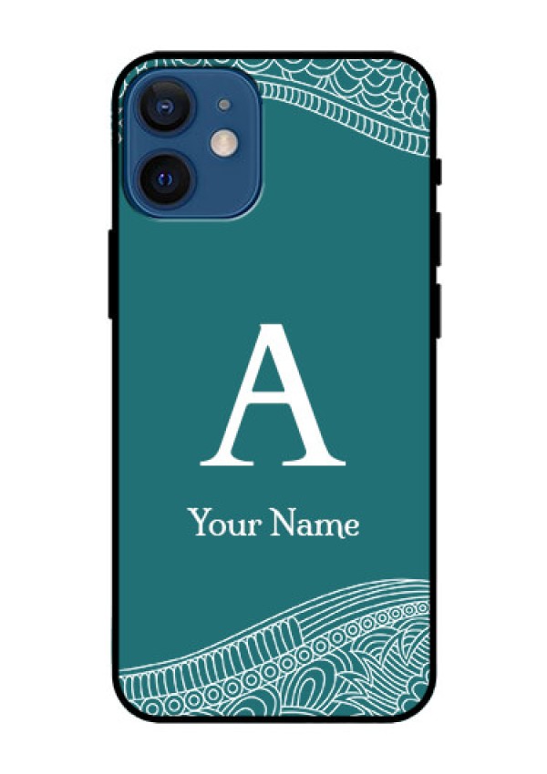 iPhone 12 Mini Personalized Glass Phone Case - line art pattern with custom name Design