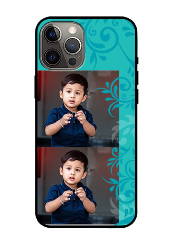 Iphone 12 Pro Max Personalized Glass Phone Case  - with Photo and Green Floral Design 