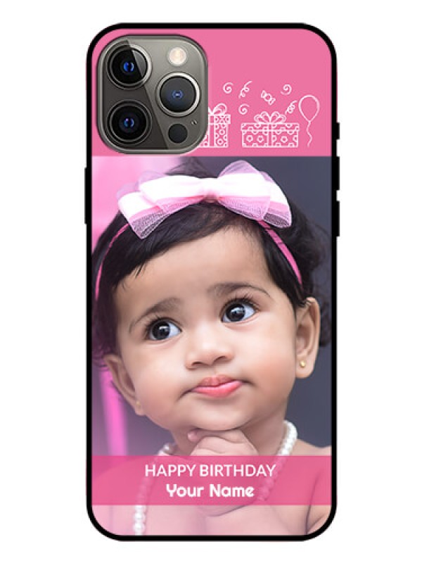 Custom Iphone 12 Pro Max Photo Printing on Glass Case  - with Birthday Line Art Design