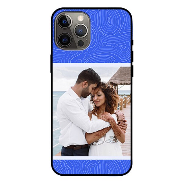 iPhone 12 Pro Max Custom Glass Mobile Case - Curved line art with blue and white Design iPhone 12 Pro Max Custom Glass Mobile Case - Curved line art with blue and white Design