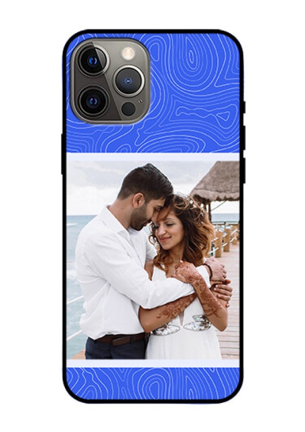 iPhone 12 Pro Max Custom Glass Mobile Case - Curved line art with blue and white Design