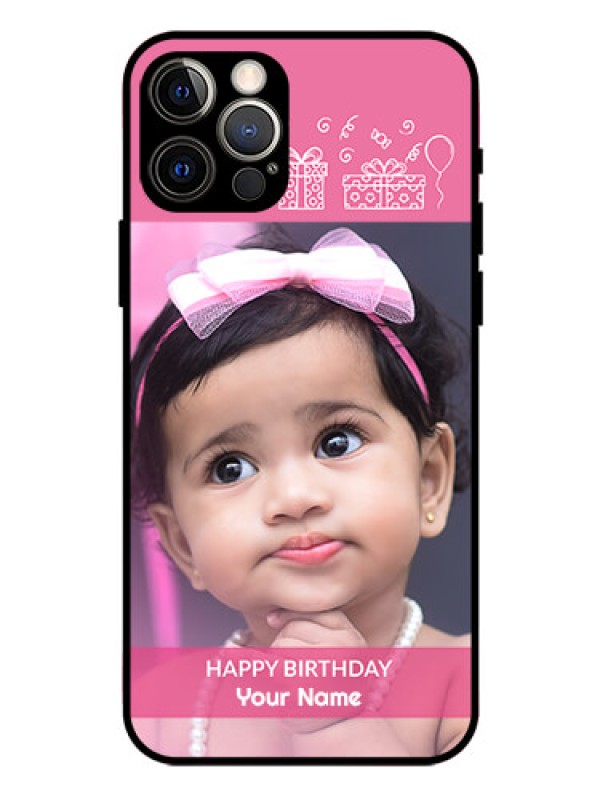 Custom Iphone 12 Pro Photo Printing on Glass Case  - with Birthday Line Art Design