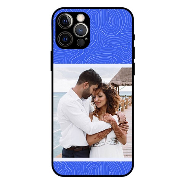 iPhone 12 Pro Custom Glass Mobile Case - Curved line art with blue and white Design iPhone 12 Pro Custom Glass Mobile Case - Curved line art with blue and white Design