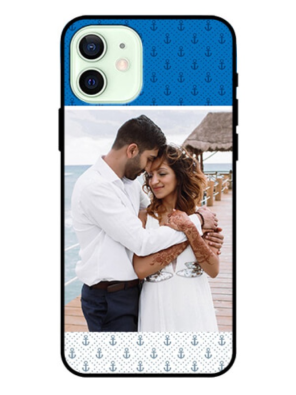 Custom Iphone 12 Photo Printing on Glass Case  - Blue Anchors Design