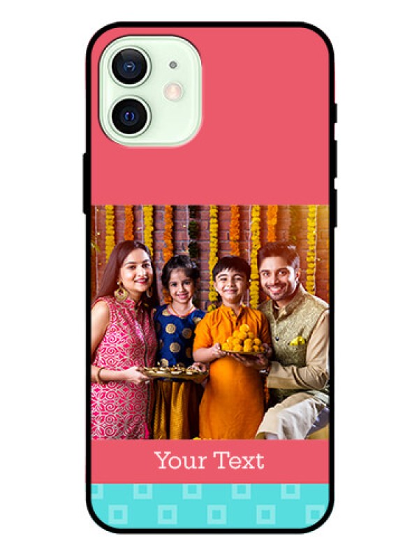 Custom Iphone 12 Personalized Glass Phone Case  - Peach & Blue Color Design