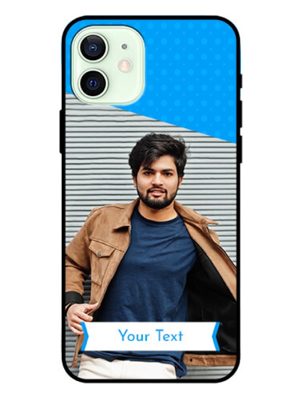 Custom Iphone 12 Photo Printing on Glass Case  - Simple Blue Color Design