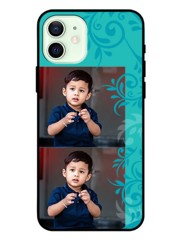 Custom Iphone 12 Personalized Glass Phone Case  - with Photo and Green Floral Design 