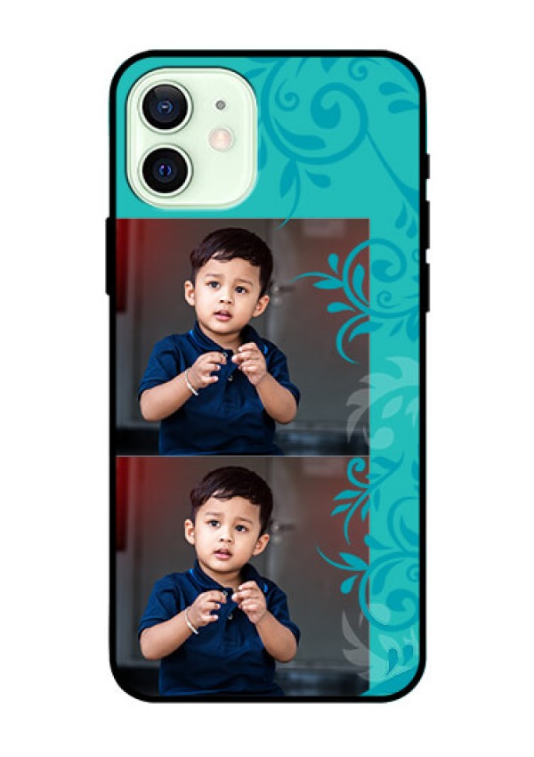 Iphone 12 Personalized Glass Phone Case  - with Photo and Green Floral Design 