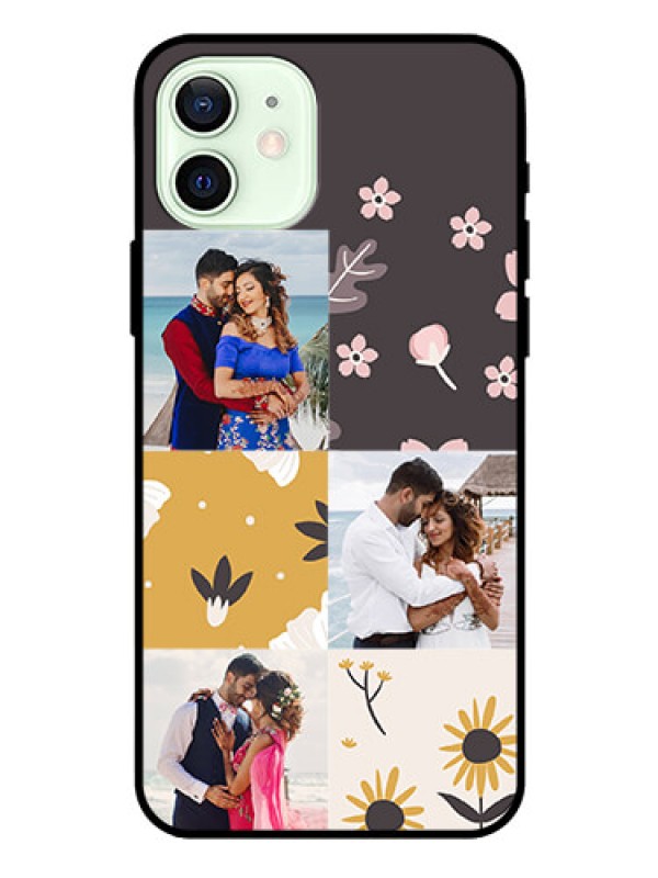 Custom Iphone 12 Photo Printing on Glass Case  - 3 Images with Floral Design