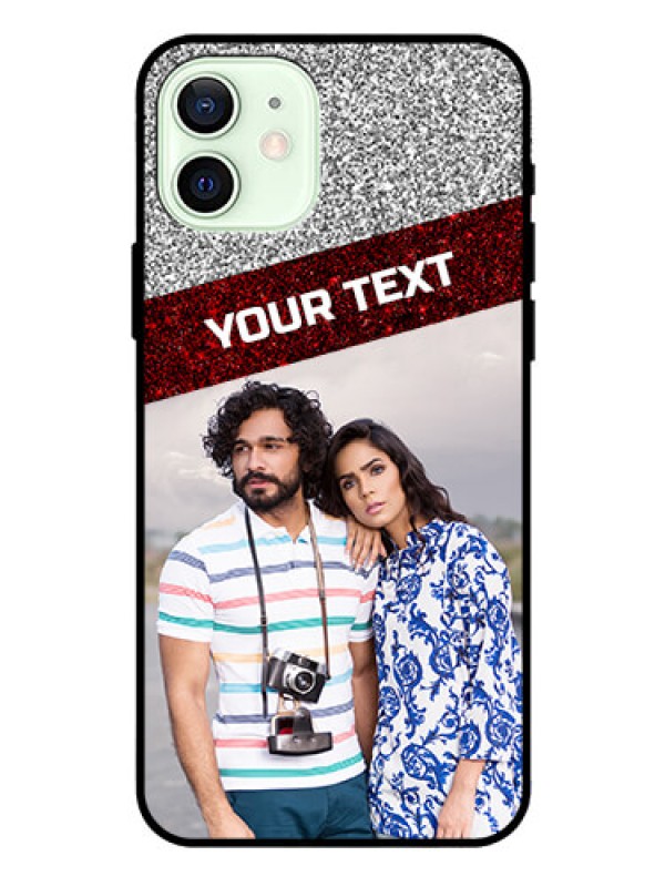 Custom Iphone 12 Personalized Glass Phone Case  - Image Holder with Glitter Strip Design
