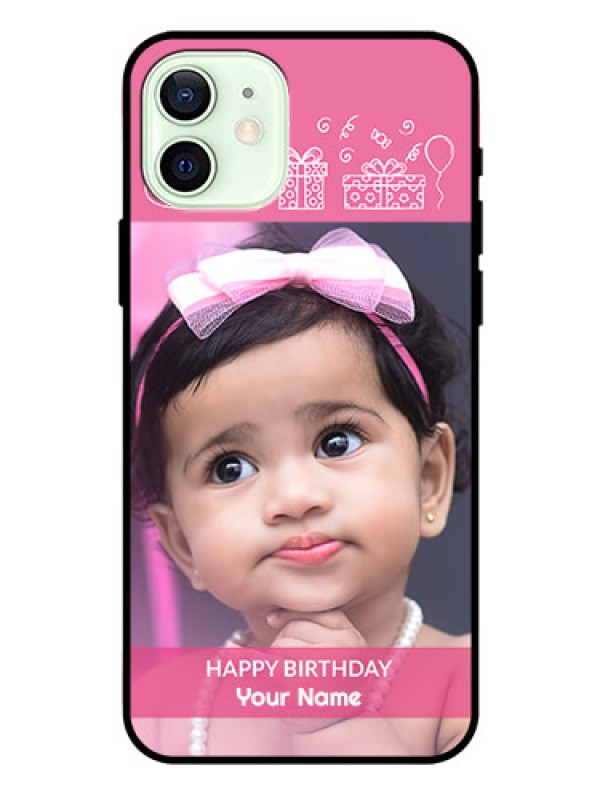 Custom Iphone 12 Photo Printing on Glass Case  - with Birthday Line Art Design
