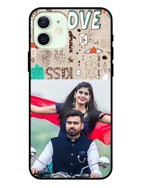Custom Iphone 12 Custom Glass Phone Case  - Love Doodle Pattern 