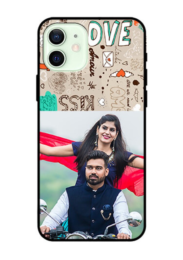 Iphone 12 Custom Glass Phone Case  - Love Doodle Pattern 