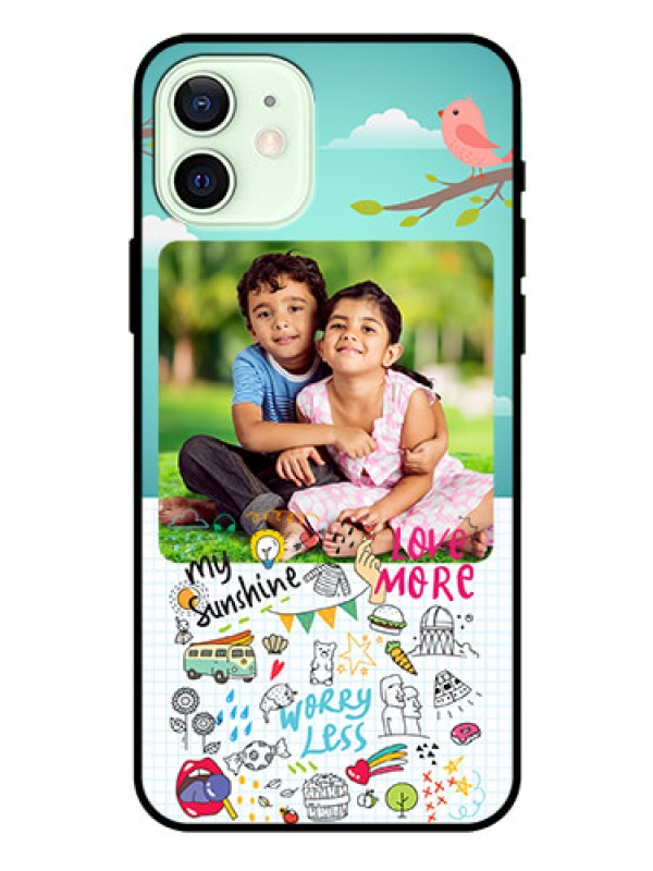 Custom Iphone 12 Photo Printing on Glass Case  - Doodle love Design