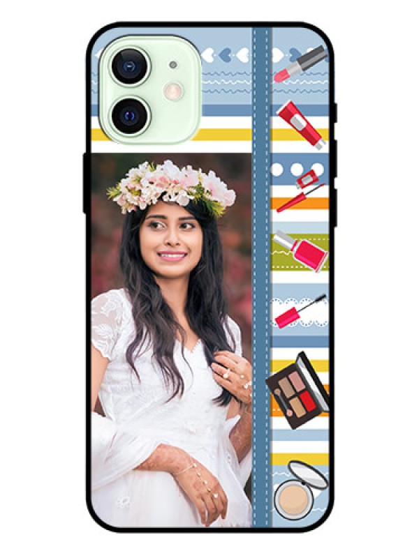 Custom Iphone 12 Personalized Glass Phone Case  - Makeup Icons Design
