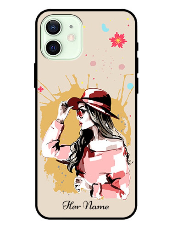 Custom iPhone 12 Photo Printing on Glass Case - Women with pink hat Design
