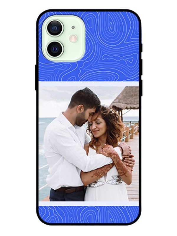 Custom iPhone 12 Custom Glass Mobile Case - Curved line art with blue and white Design