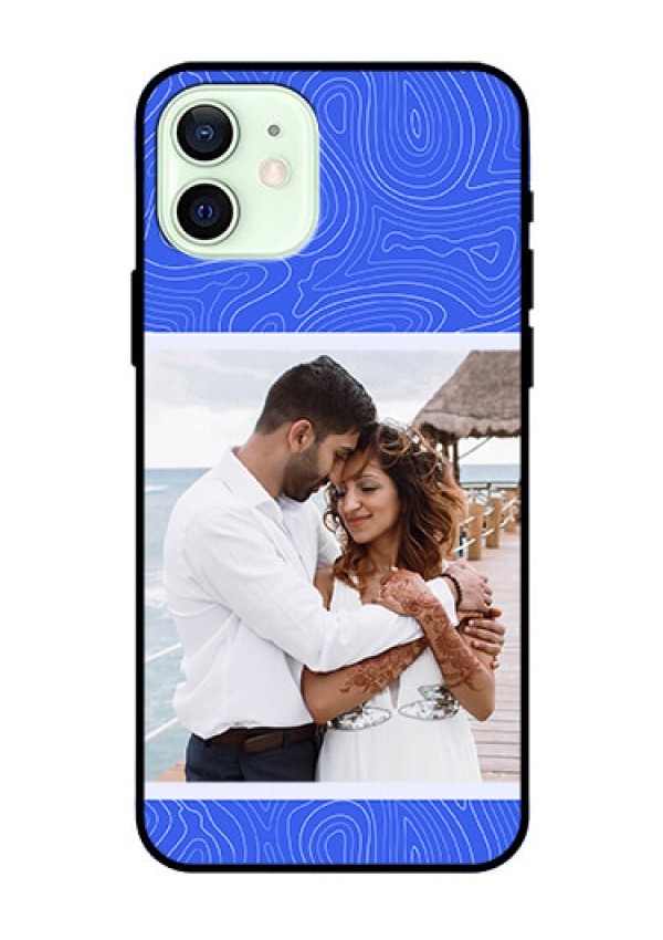 iPhone 12 Custom Glass Mobile Case - Curved line art with blue and white Design