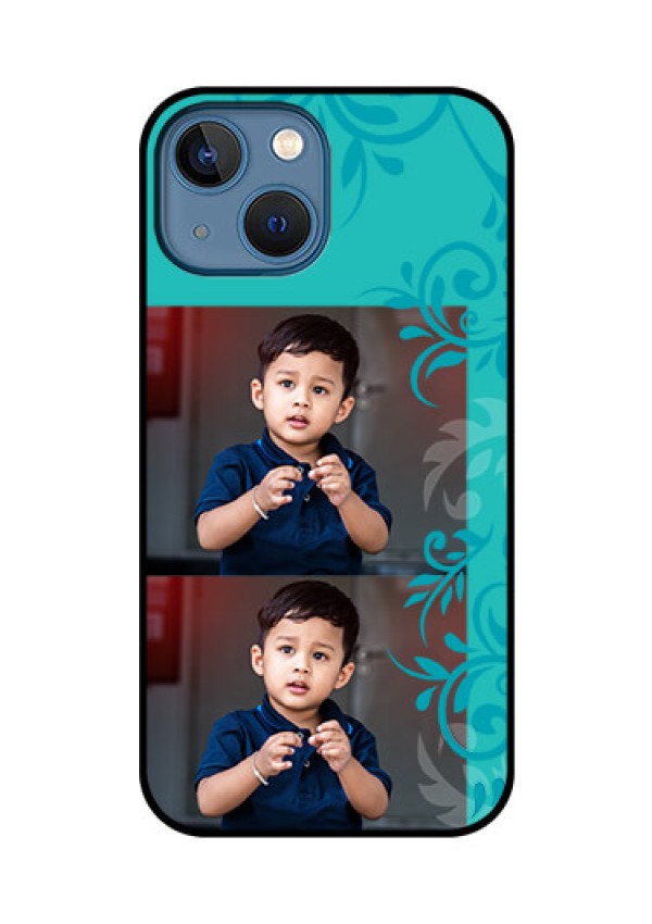 iPhone 13 Mini Personalized Glass Phone Case - with Photo and Green Floral Design