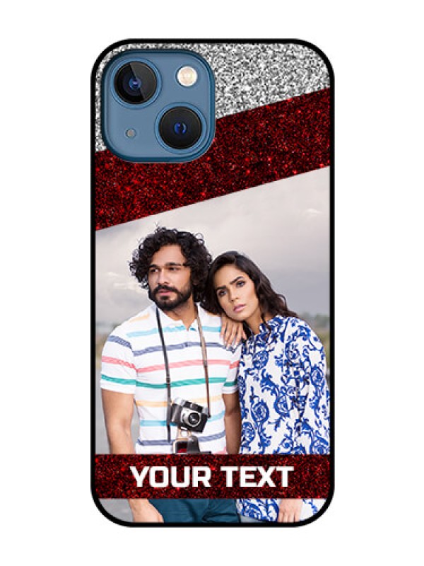 Custom iPhone 13 Mini Personalized Glass Phone Case - Image Holder with Glitter Strip Design