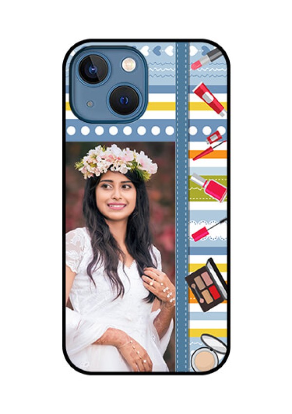 iPhone 13 Mini Personalized Glass Phone Case - Makeup Icons Design