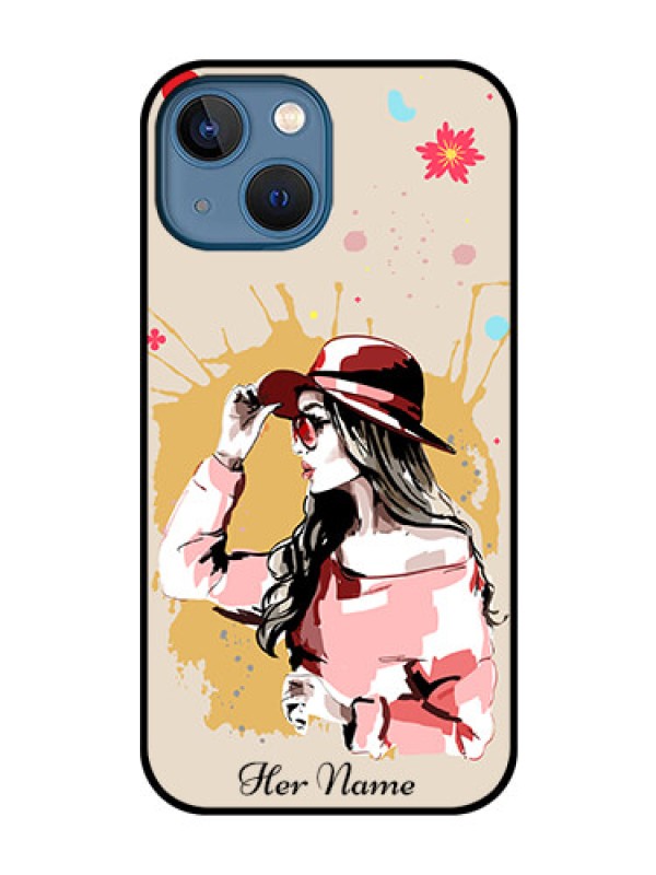 Custom iPhone 13 Mini Photo Printing on Glass Case - Women with pink hat Design