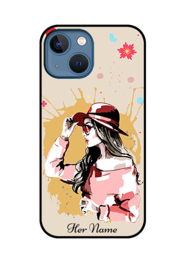iPhone 13 Mini Photo Printing on Glass Case - Women with pink hat Design