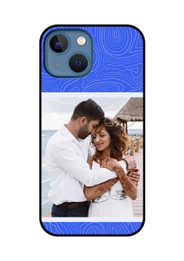 iPhone 13 Mini Custom Glass Mobile Case - Curved line art with blue and white Design