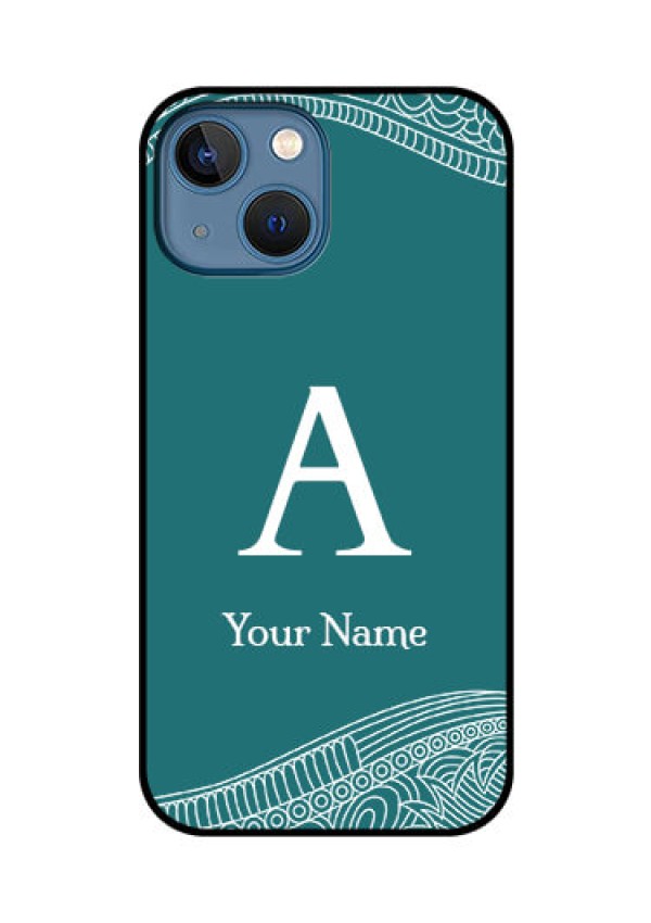 iPhone 13 Mini Personalized Glass Phone Case - line art pattern with custom name Design