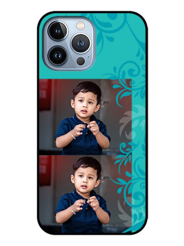 Custom iPhone 13 Pro Max Personalized Glass Phone Case - with Photo and Green Floral Design